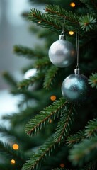 Lush greenery and fir branches intertwined with sparkling silver ornaments, fir, winter