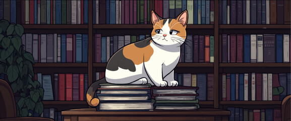 Charming Calico Cat Sitting on Book Stack in Cozy Library Setting with Shelves Full of Colorful Books and Leafy Green Plant - Ideal for Book Lovers
