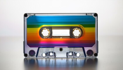 Rainbow cassette tape on white background レインボーカセットテープ、白背景に映える色彩豊かなレトロデザイン


