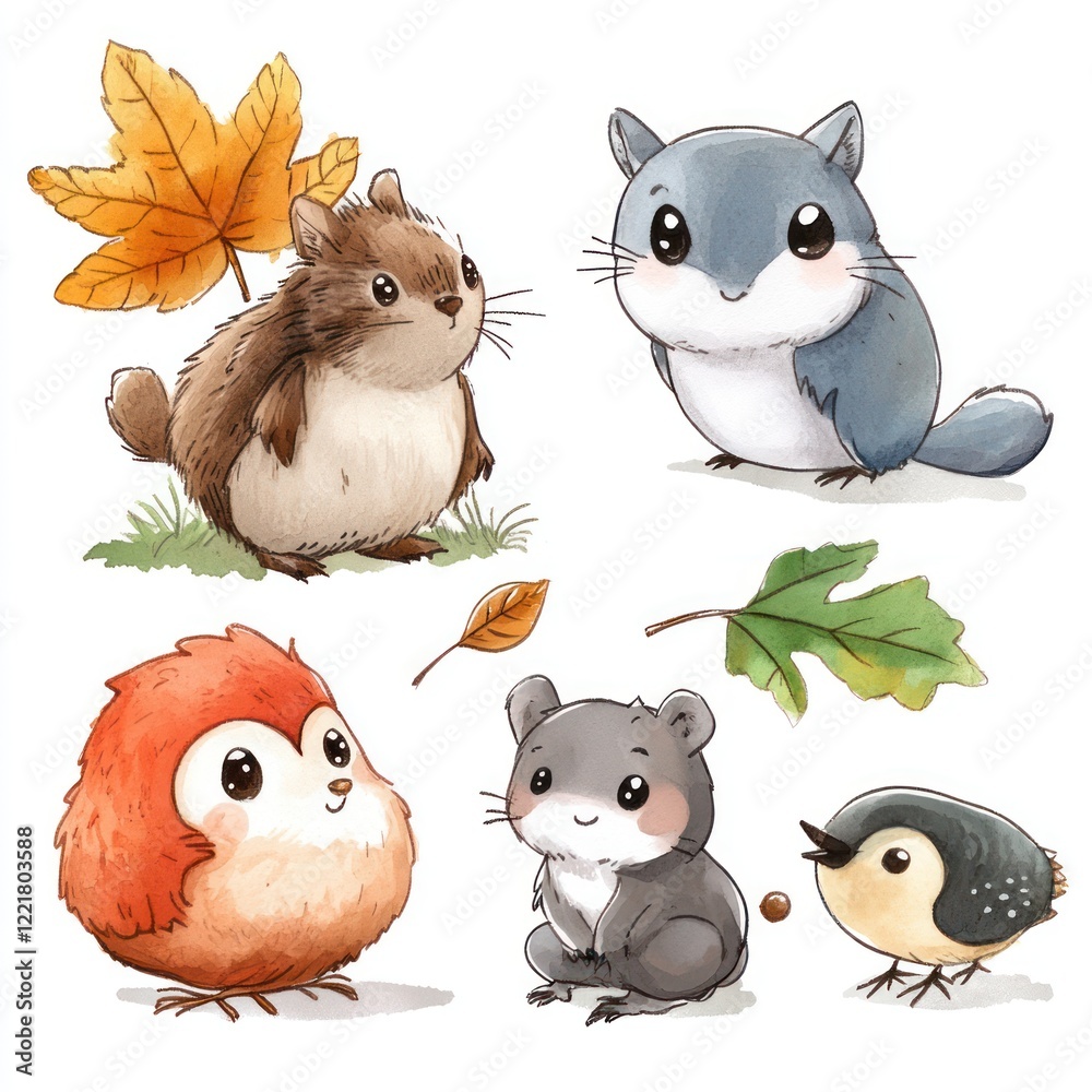 Wall mural A watercolor illustration of five adorable cartoon animals, including a hamster, two birds, and two squirrels, all with big eyes and sitting in a natural setting.