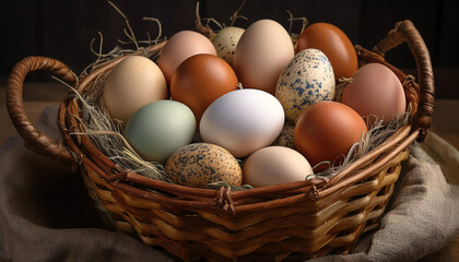 A rustic basket overflowing with a variety of farm-fresh eggs, nestled on a wooden surface