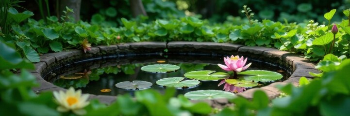 Lush greenery surrounds a small pond with water lilies and aquatic plants, water lilies, serene, greenery
