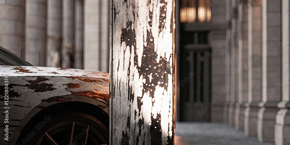 Poster a car is parked in front of a building with a large pillar