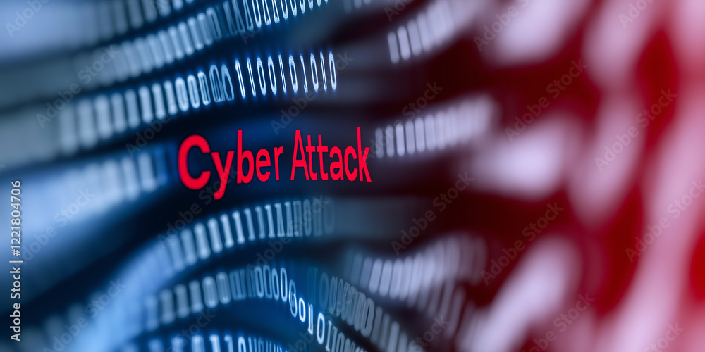 Poster Cyber attack warning message on computer screen with binary code flowing