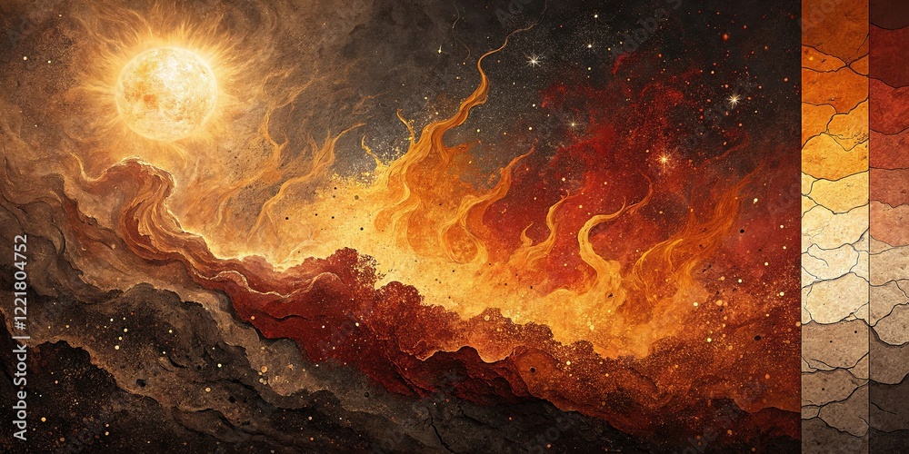 Poster a painting of a fiery sky with a sun in the background