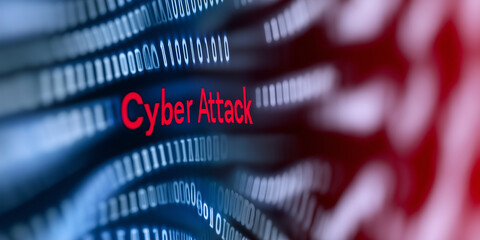 Cyber attack warning message on computer screen with binary code flowing