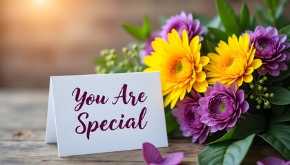 floral arrangement with "you are special" card on wooden surface