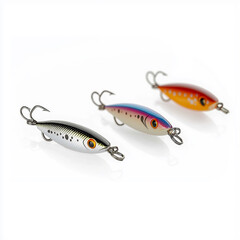 Colorful fishing lures resting on white background