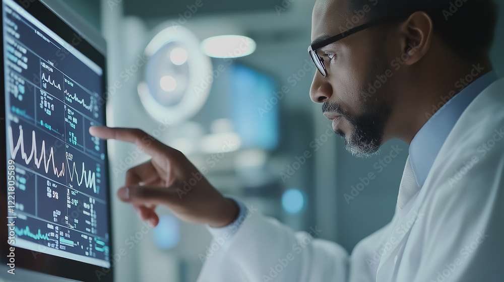 Aufkleber Medical doctor analyzing data on computer screen displaying charts and graphs in modern hospital operating room