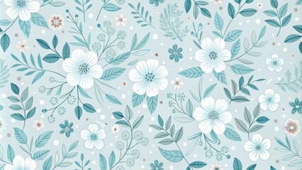 Serene Aqua Floral Pattern Delicate Blooms and Lush Greenery on a Soft Blue Background