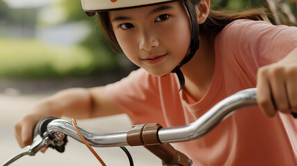 Obraz premium Young girl wearing helmet while riding bicycle outdoors