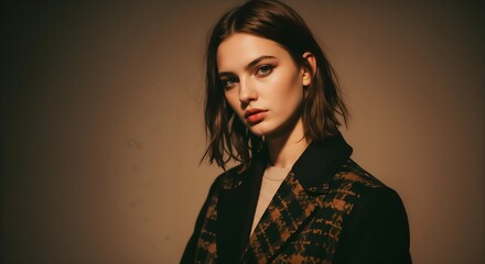 Woman in Plaid Coat Portrait Photography, Stylish Fashion Pose
