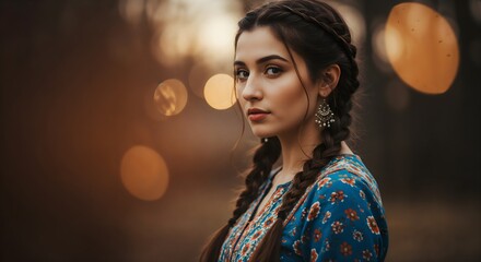 Naklejka premium Woman in Blue Dress Portrait Photography in Serene Woods
