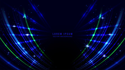 Abstract futuristic technology background with deep navy blue gradient, glowing vibrant blue, green light curves