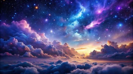 Fototapeta premium Dreamlike Celestial Landscape A Serene View Above the Clouds at Sunset with Vibrant Nebulae and Sparkling Stars