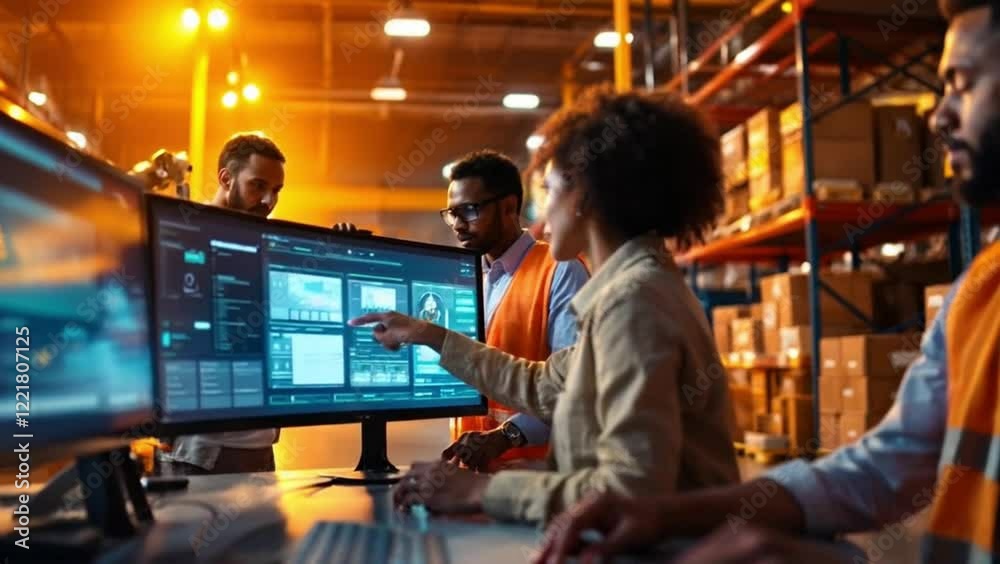 Wall mural diverse team analyzes data on multiple computer screens in a warehouse.
