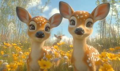 Adorable Baby Deer in Spring Meadow 3d Render