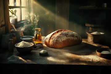 Golden baked loaf of bread surrounded by baking ingredients on a rustic table