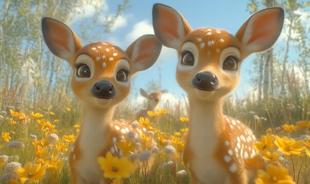 Adorable Baby Deer in Spring Meadow 3d Render