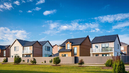 青空の下の新築住宅。色々なタイプの住宅が立ち並ぶ住宅街。A newly built house under the blue sky. A residential area with many different types of houses.