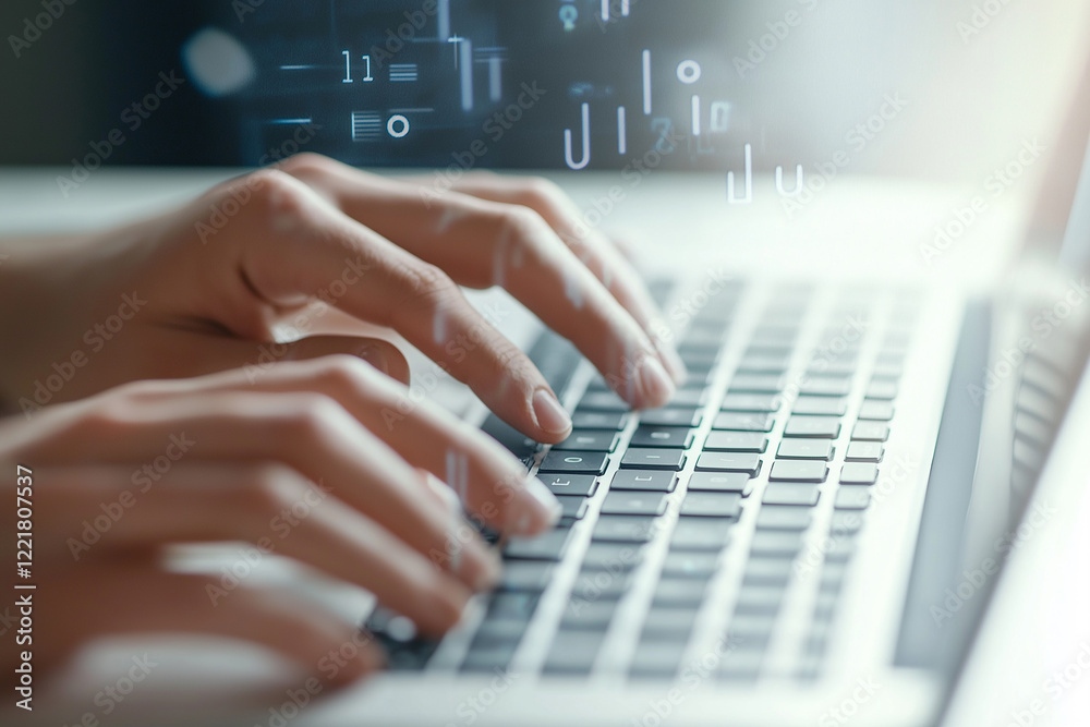 Aufkleber Programmer writing code on laptop keyboard with digital overlay
