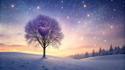 Winter Solstice Dream A solitary tree, adorned with a heart-shaped bloom, stands serenely in a snow-covered landscape under a starlit sky.