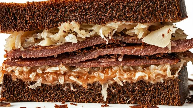 Delicious corned beef sandwich with sauerkraut and rye bread served for lunch