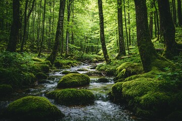 Obraz premium Serene forest landscape with a flowing stream, lush greenery, and moss-covered rocks in a tranquil setting