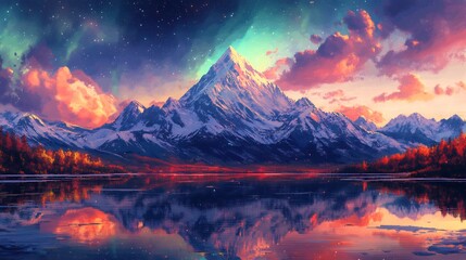 Majestic snowcapped mountain reflects serenely in calm lake under vibrant aurora borealis sky. AI Generated