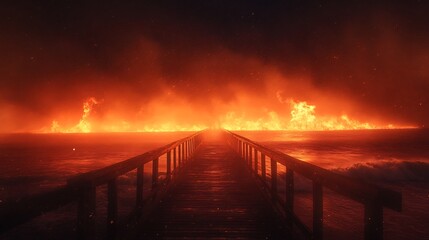 Obraz premium Fiery Inferno Engulfs Ocean Pier Night Dramatic Red Light. AI Generated