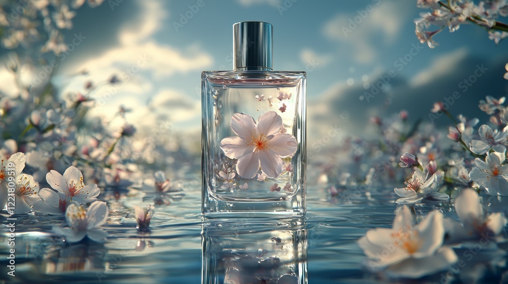 Wall mural Elegant perfume bottle surrounded by cherry blossoms (1)