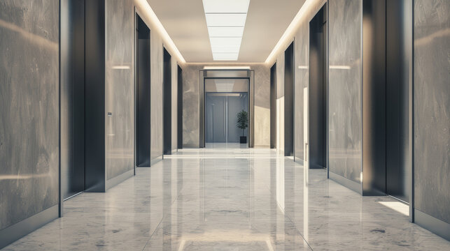 Bright hallway with modern elevators and polished marble floor, creating sleek atmosphere