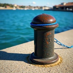 Metal bollard with blue mooring rope and boat dock scenery, harbor, sea