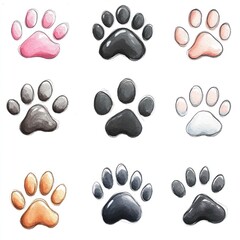 Fototapeta premium Nine cartoon animal paw prints in various colors.