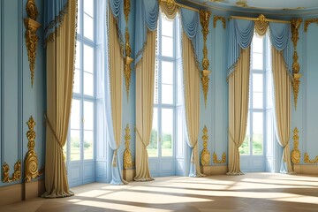 A grand, luxurious room with floor-to-ceiling windows adorned with elegant curtains. The walls should be painted in a soft, pastel blue color and embellished with ornate gold moldings and decorative