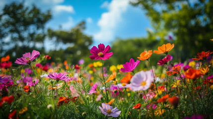 Fototapeta premium Spring in India, fields of colorful flowers blooming, shady trees and bright blue skies. Ai generated images.