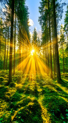 Obraz premium Sun rays through forest, moss, nature