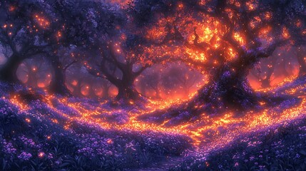 Enchanting Firefly Lit Forest Path Glowing Trees