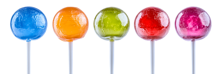 Five vibrant lollipops, a rainbow of sugary delights! Sweet treats on sticks.