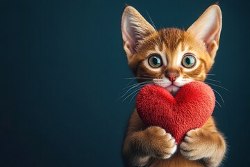 Cute abyssinian feline infant with fluffy red heart - sign of love, funny greeting card. Digital ads conceptual art. Abyssinian - my desired cat. Kitten with heart. Kitten with flowers.