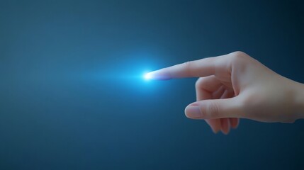 Hand activating button on vibrant blue, digital interaction, communication and modern technology concept.