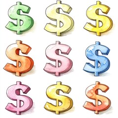 Nine colorful dollar signs drawn in watercolor.