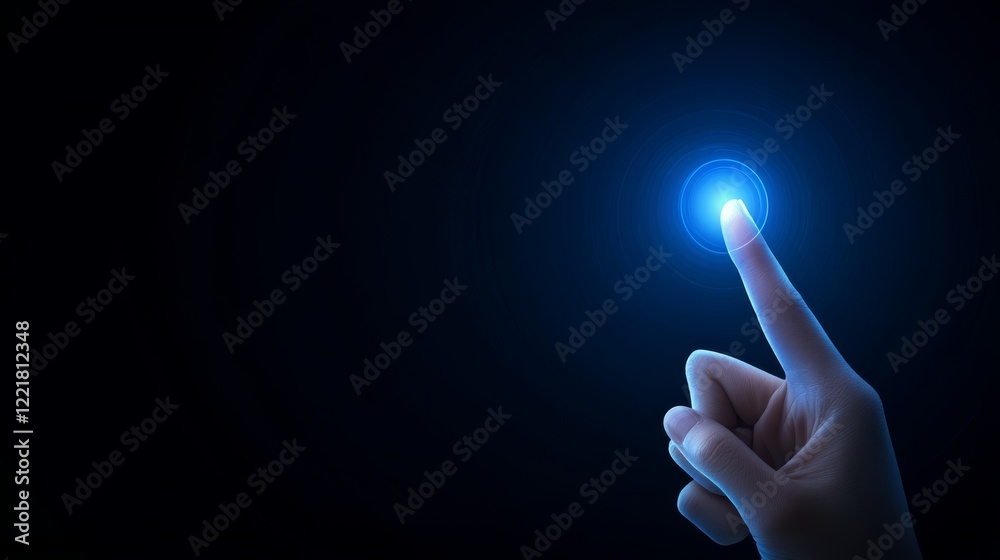 Poster finger activating a digital interface button, exploring user interaction with technology and seamles