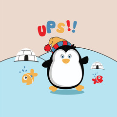 Cute penguins playing on a snow pile with an ice house background in a frosty winter setting
