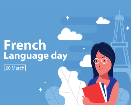 illustration vector graphic of girl in glasses hugging a book, showing the silhouette of the eiffel tower as a background, perfect for international day, french language day, celebrate, greeting card.