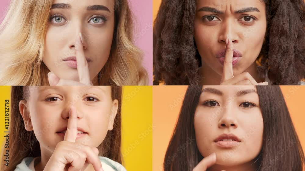 Poster A multiethnic collection features four individuals showcasing different gestures and emotional expressions against bright backgrounds.