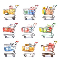 Nine colorful shopping carts with various goods.