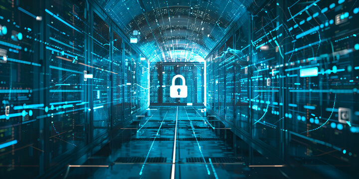 Cybersecurity and data protection concept with glowing lock in futuristic server room, Digital network protection in advanced data center
