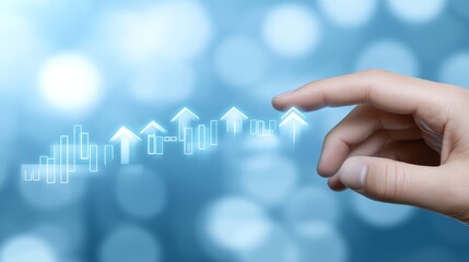 A futuristic concept image of hands holding symbols like a arrows and graphs, with a digital business and technology interface featuring virtual buttons and icons