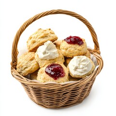 A basket of freshly baked scones with clotted cream and jam, isolated white background, minimalism art style